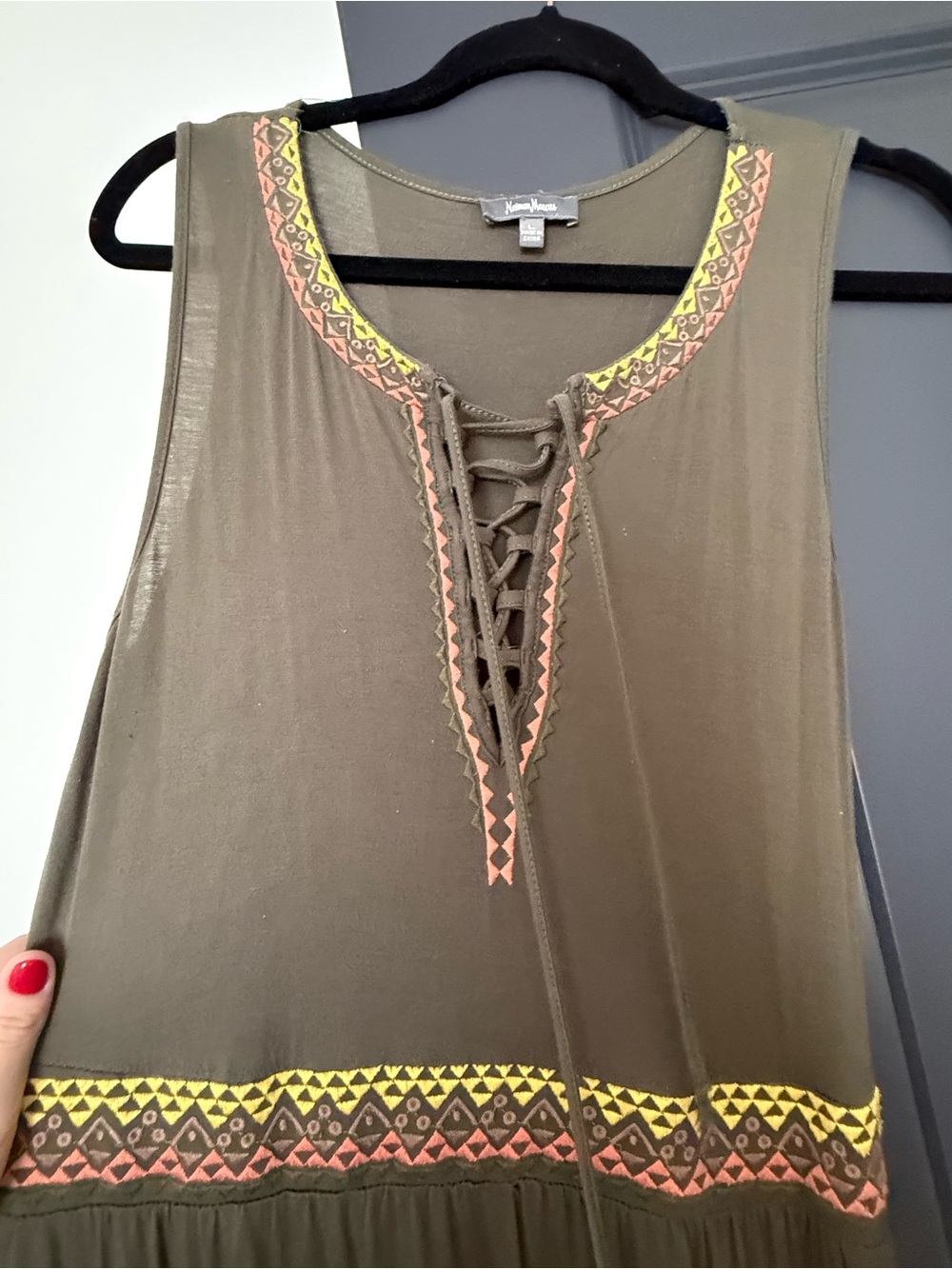 Neiman Marcus Olive Lace-Up Maxi Dress with Yellow and Coral Trim — Large
